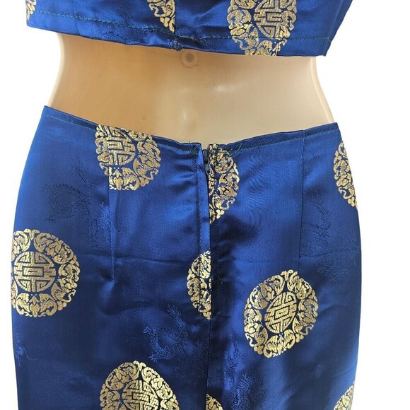 Kevin T Chinese Silk Qipao Top + Long Skirt Set S/M Thigh High Slits Blue Gold - Picture 8 of 10